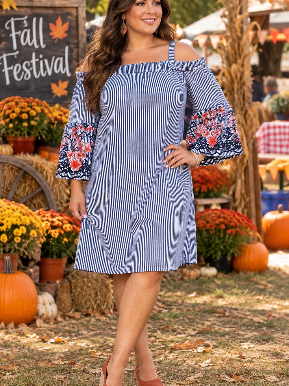 J Howard Striped Off-Shoulder Dress with Floral Bell Sleeves